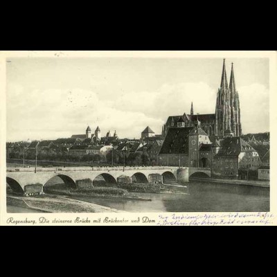 AK Regensburg steinerne Brücke Dom Donau (1840