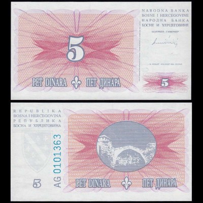 Bosnien-Herzegowina - 5 Dinara Banknote 1994 UNC Pick 40 (14421