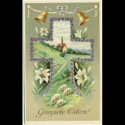 AK feine Prägekarte Ostern Glocken Schafe Kreuz (2697